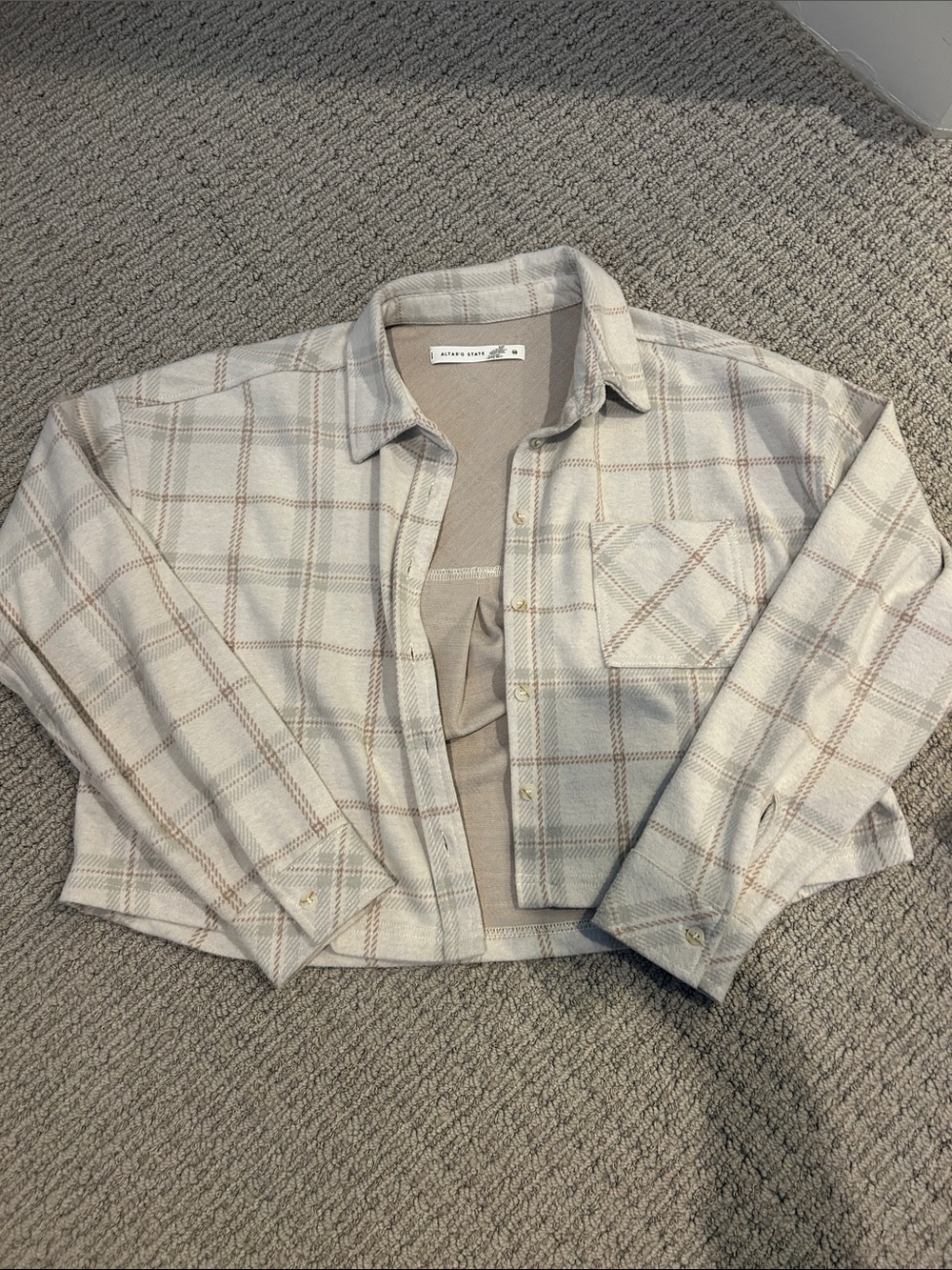 Altar'd State Cream and Brown Plaid Button-Down Shirt